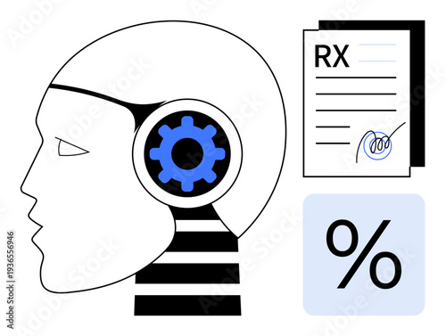 Artificial intelligence, healthcare innovation, automation, medical technology, cost analysis, and digital transformation. Profile of a robotic head with gear, prescription documents, and percentage