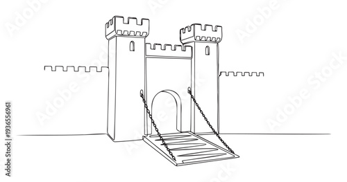 Monoline artwork depicting a majestic medieval castle entrance complete with an extended drawbridge and impressive protective battlements, valuable for educational materials and childrens