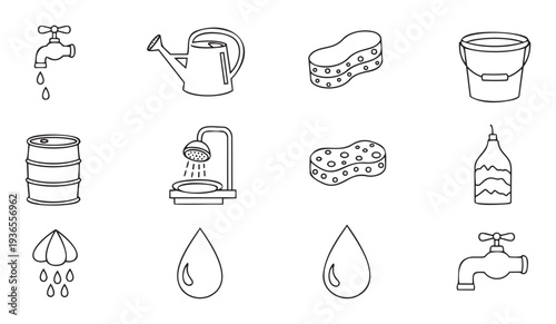 Outline water related icons featuring faucets, watering cans, sponges, buckets, barrels, showers, and raindrops are ideal for environmental infographics or plumbing and irrigation themed
