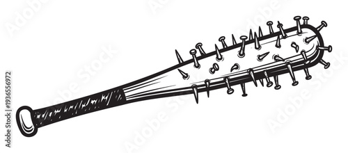 Spiked baseball bat weapon in striking black and white comic style perfect for edgy merchandise designs, game assets, or rebellious protest graphics