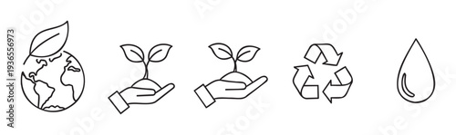 Line icons set depicting global eco friendly initiatives with plant growth, recycling, and water conservation for environmental awareness projects