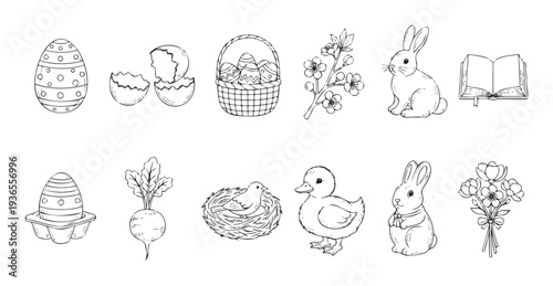 A collection of handdrawn outline illustrations for Easter and spring celebrations including decorated eggs, cute bunnies, blooming flowers, and baby animals perfect for coloring books,
