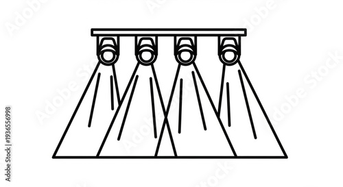 Four stage spotlights shine down on empty performance space with white background
