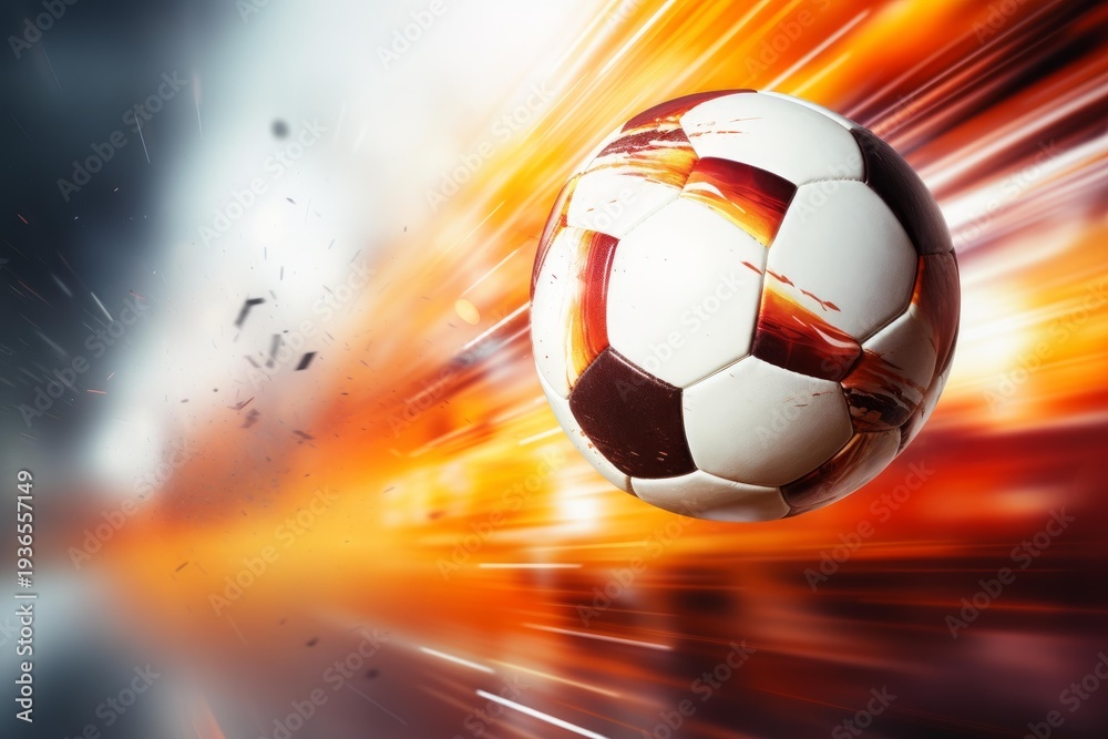 Fototapeta premium Soccer ball moving fast with dynamic motion trails and abstract fiery background