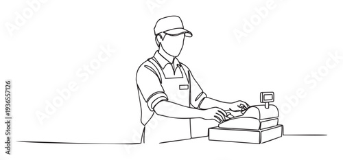 A focused retail worker, dressed in a professional cap and apron, efficiently processes transactions at a cash register, perfect for business and service industry visual communications.