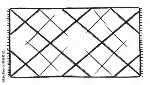 Textured hand drawn black crisscross diamond grid motif on a rectangular textile object resembling a rug or mat, ideal for graphic resources and fabric product designs.