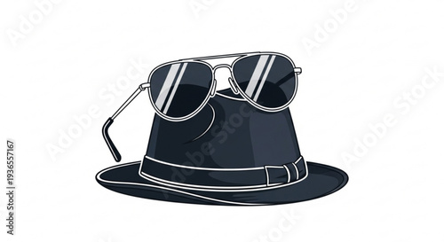 Black fedora hat with silver aviator sunglasses on top isolated on white background stylish accessory