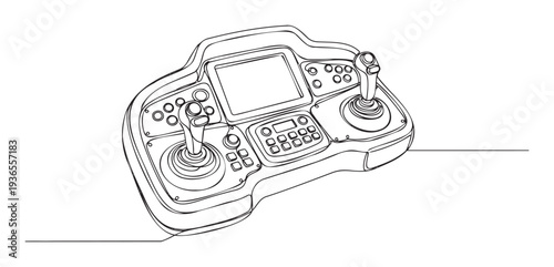 Continuous line drawing of a modern remote control console featuring dual joysticks and an integrated screen, suitable for technology industry presentations and engineering documentation.