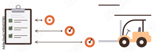 Logistics, warehouse operations, supply chain management, inventory monitoring, efficiency, quality control. A clipboard checklist, workflow targets and a forklift image. Logistics and warehouse