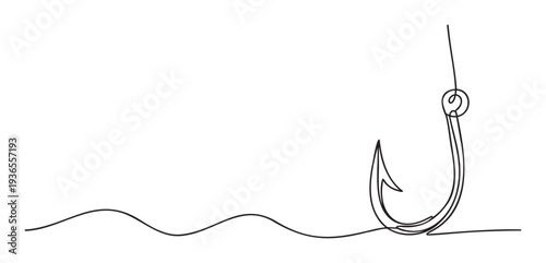 Continuous single line drawing of a fishing hook suspended by a fishing line with a subtle wavy water representation, ideal for illustrating themes of bait, catching, or opportunity in