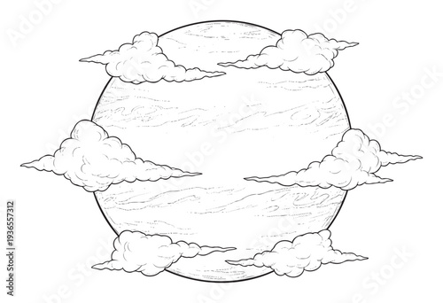 Stylized celestial body encircled by whimsical clouds, ideal for graphic projects, childrens books, educational materials, or printable coloring pages