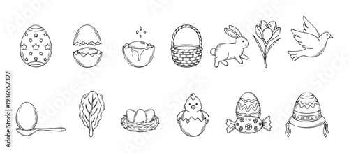 A collection of Easter themed line drawings featuring eggs, bunnies, chicks, and spring flowers, perfect for holiday greetings, educational materials, and decorative crafts.