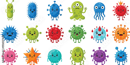 Cute Cartoon Germs and Virus Characters Vector Set with Funny Microbes, Bacteria, and Pathogen Mascots for Medical Education, Kids Science Illustration, and Health Awareness Design