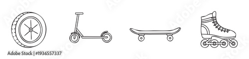 A set of active lifestyle mobility equipment featuring a wheel, an electric scooter, a skateboard, and a roller skate, perfect for sports product catalogs and urban recreation promotions.