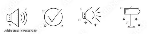 Essential linear icons for user interfaces featuring sound, approval, announcement, and directional guidance, perfect for modern digital product development and informational graphics.