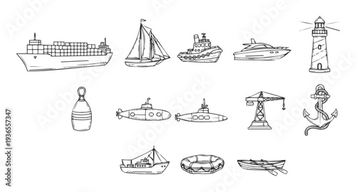 A comprehensive collection of nautical vessels and maritime symbols like ships, boats, submarines, and anchors, perfect for oceanthemed projects and marine transport education.