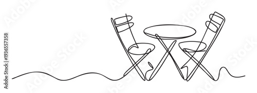 Minimalist continuous line drawing of a round table and two chairs, ideal for modern hospitality themes, interior decor, and contemporary business concepts.