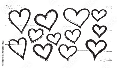 Rough textured doodle hearts in black ink for expressing love and emotion in social media posts, gift wrapping, and party decorations.