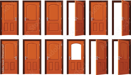 Wooden Door Set with Open and Closed Positions, Classic Interior Entry Doors Collection for Home Architecture, Entrance Design, Isolated Vector Illustration Pack