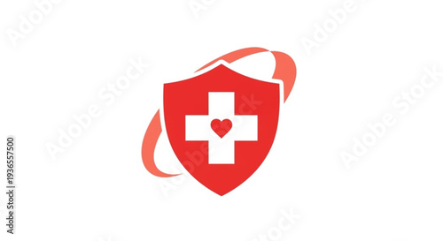Fotografía Red shield with white cross and heart symbol on a white background representing