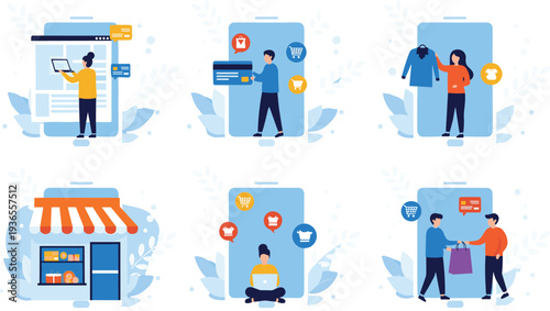 Mobile Shopping and E Commerce Activities Set Online Store Payment Delivery and Customer Service Vector Illustration