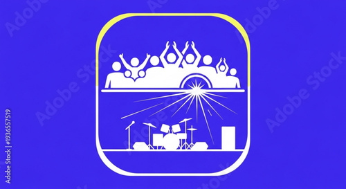 Concert audience and band on stage with spotlight music festival icon live performance symbol
