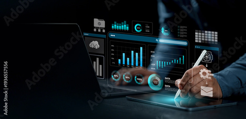 Business intelligence and data analytics concept. Business Analytics and Data Management System on computer to make report with KPI. graph, chart, AI technology. Business process, workflow automation.