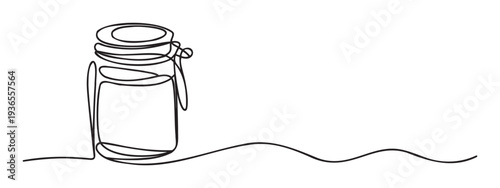 Minimalist continuous line drawing of a glass jar with a flowing wavy line representing connection and simplicity for modern graphic design and branding projects