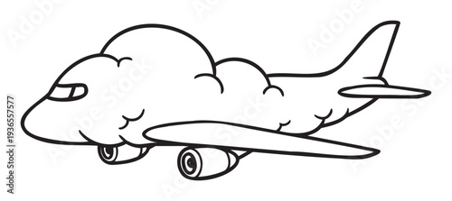 Stylized airplane graphic with a fluffy cloud body and standard aircraft features, excellent for creating engaging educational printables, fun childrens activity sheets, or unique