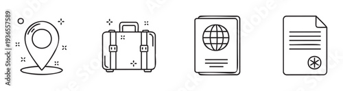 Modern line art icons depicting essential travel items including a location pin, luggage, passport, and official document, perfect for tourism applications, logistical planning, and global