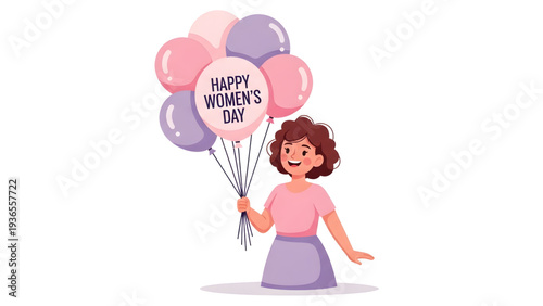 Happy woman celebrating Women's Day with colorful balloons