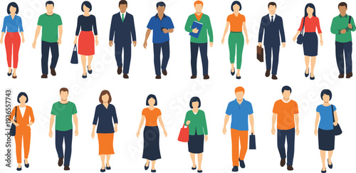 Business People Walking Collection Diverse Men and Women Office Workers Flat Vector Character Set