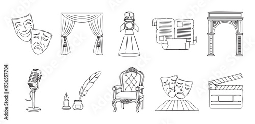 Line drawings collection portraying essential elements of theater, film, and literature, featuring classic masks, stage curtains, spotlights, film clapperboards, microphones, and quill pens