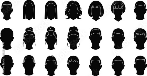 Human Head Silhouette Collection with Different Hairstyles Male and Female Avatar Profile Icons Vector Set