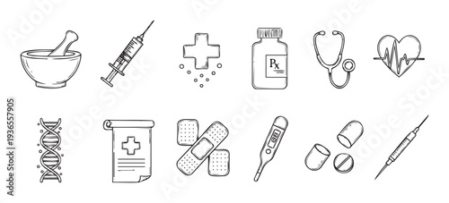 Hand drawn healthcare and medicine icon collection depicting essential medical tools symbols and elements useful for health education pharmaceutical marketing and wellness communication