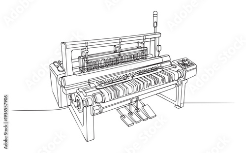Detailed line drawing of an intricate weaving loom with a keyboard and foot pedals, perfect for industrial design, engineering, or textile manufacturing related projects