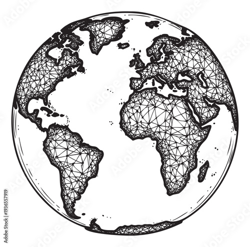Stylized hand drawn Earth globe featuring interconnected geometric lines across continents symbolizing global connection and digital networks for technology and environmental awareness