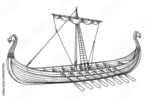 Classic depiction of an ancient Viking longship with formidable dragon heads on its bow and stern, equipped with a mast and numerous oars, ideal for historical illustrations and adventurous