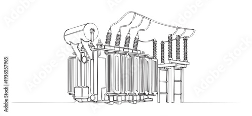 Detailed line drawing of an industrial power transformer and high voltage electrical substation equipment, perfect for educational materials, technical diagrams, or energy industry