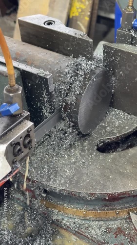 Steel billet being sawed in a factory workshop.