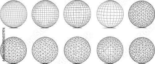 Wireframe Globe Sphere Collection with Geometric Grid and Polygon Mesh Abstract Vector Illustration Set