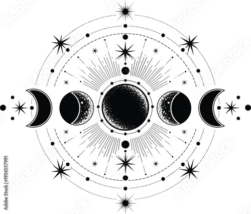 Moon Phases Celestial Mandala with Stars and Cosmic Sacred Geometry Mystic Line Art Vector Illustration