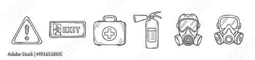 Collection of essential safety and emergency equipment outlines including a warning sign, exit sign, first aid kit, fire extinguisher, and various gas masks for educational materials and