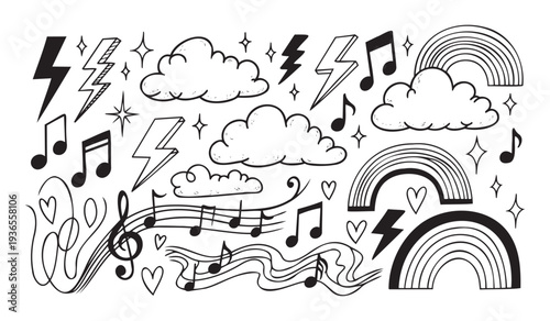 Dynamic collection of handdrawn lightning bolts, clouds, musical notes, rainbows, stars, and hearts perfect for playful branding, educational materials, or cheerful event invitations.