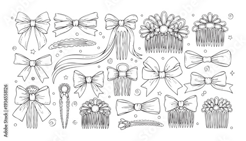 A charming collection of vintage style hair bows, decorative hair combs, and various hair clips for womens grooming projects and childrens activity books