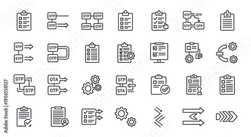 Collection of Simple Line Icons Representing Documents and Processes.