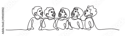 Continuous line drawing of five diverse individuals, a mix of men and women, sharing joyful laughter and embodying a sense of community, perfect for web graphics or print media.