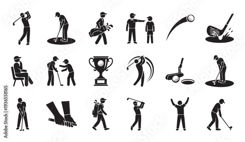 Collection of golf stick figures and icons representing various actions and scenes on the golf course, perfect for sports related web graphics or instructional materials