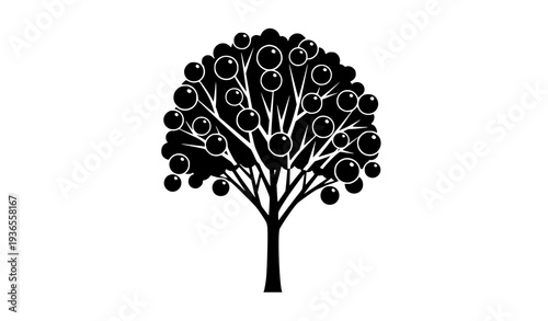 Compact tree silhouette with hanging round fruits flat vector illustration isolated on white background