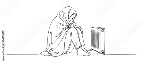 A solitary individual huddled in a warm blanket next to a portable electric heater, symbolizing coldness, energy poverty, or economic hardship for news articles and awareness campaigns.